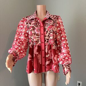 Dalia MacPhee Collared Shirt Dress Womens Red Pink Geo Floral missing Belt #148